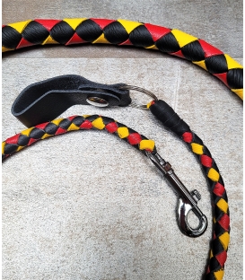 Ensemble fouet "whips" et lacet portefeuille en cuir noir, rouge et jaune