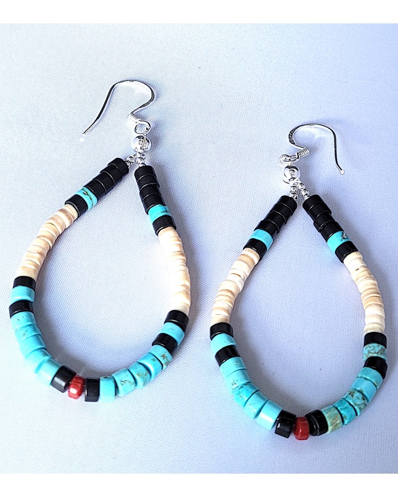 Boucles D'oreilles Style Tibétain Avec Turquoise Reconstituée - Dormeuses Pendantes Bleues