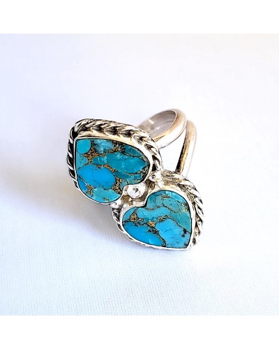 Bague double coeur turquoise